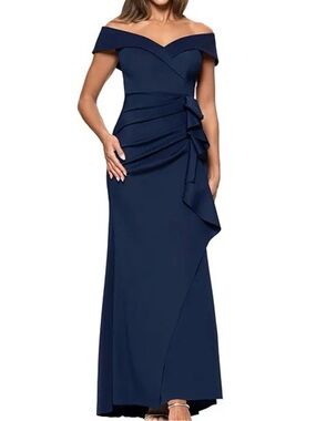 NWT XSCAPE Off-Shoulder Mermaid Ruffle Navy Evening Gown MOB MOG Size 12